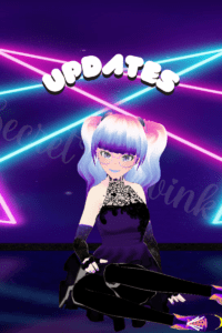 A VTuber avatar on a vaporwave style background with the word UPDATES at the top